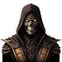 This pixel art portrait captures the menacing visage of a Noob Saibot-esque character, showcasing his skeletal face and ornate, dark armor with gold accents. The 8-bit style amplifies the ominous vibe of this retro-inspired warrior.