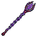 This pixel art showcases a powerful, ornate magical staff, its dark metallic structure entwined with glowing purple energy. Red accents highlight the staff's sinister design, hinting at ancient and potent magic.