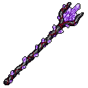 This pixel art showcases a magical staff, crafted from gnarled wood and adorned with glowing purple crystals bound by a vibrant red vine. The staff exudes an aura of ancient power and mystical enchantment.