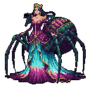 A regal spider queen, adorned in a vibrant purple and teal gown with golden accents, stands tall with formidable arachnid legs emerging from her back. Her elegant yet uncanny design evokes a sense of dark fantasy and powerful lineage.