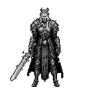 A heavily armored knight or king stands vigilant, sword in hand, emanating a sense of weary power. The grayscale pixel art emphasizes the figure's imposing presence and evokes a dark fantasy atmosphere.