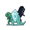 A trio of monstrous pixel art creatures, including a bulky, ice-spiked quadruped and a shadowy, fanged beast, lurk against a stark background. The cool-toned palette and creature designs evoke a sense of primeval power and subtle menace.