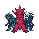 This pixel art showcases three imposing, fantastical creatures: a dominant red, spiky figure flanked by a rugged teal reptile and an ethereal teal-blue, ghostly beast. The monsters' detailed designs and vibrant colors create a powerful and slightly ominous mood.