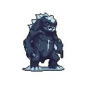 A menacing, Golem-like kaiju dominates the scene with its sharp teeth, icy protrusions, and powerful stance. This pixel art creature, rendered in cool blues and grays, exudes an ominous and formidable presence.