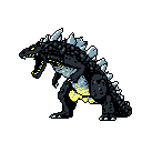 A powerful, blue-grey kaiju roars in this pixel art creation, its yellow eyes and mouth glowing with ominous energy. The retro design captures a formidable beast in a moment of raw intimidation.