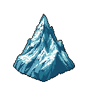 A solitary, pixelated mountain rendered in cool blues and whites dominates the frame, its snow-capped peak and jagged slopes conveying a sense of cold grandeur. The isometric design and stark black background emphasize its isolation and immense scale. It evokes a classic video game aesthetic with a formidable, untouched wilderness vibe.