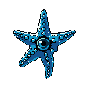 This pixel art showcases a stylized, vibrant blue starfish against a stark black backdrop. The symmetrical design and detailed shading create a captivating and slightly mysterious image reminiscent of classic video game art.