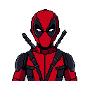 This pixel art portrait captures Deadpool in a serious moment, showcasing his iconic red and black suit and crossed katanas. The intense, white-eyed gaze and stark black backdrop create a focused and determined image of the Merc with a Mouth.