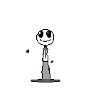 This pixel art features a minimalist, stick-figure-like character with large eyes and a fixed smile against a black void. The simple design and high-contrast palette create an unsettling yet intriguing effect.