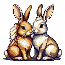 This pixel art captures a tender moment between two rabbits, one brown and orange, the other cream and beige, as they nuzzle affectionately. Their intimate pose against a stark black background evokes feelings of warmth and companionship.