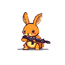 This pixel art features an orange cartoon rabbit sitting upright and alert, holding a black assault rifle across its chest. The image creates a playful contrast between the rabbit's cute appearance and the weapon it wields.