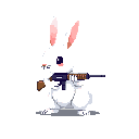 A pixelated white rabbit stands upright, innocently clutching a submachine gun in this surreal and humorous image. The high-contrast, black background focuses all attention on the armed bunny.