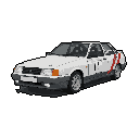 This pixel art showcases a classic white rally car with red stripes, rendered in striking detail against a stark black backdrop. The vintage sedan's design evokes a sense of motorsport nostalgia and rugged elegance.