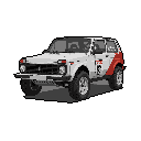 This pixel art showcases a classic Lada Niva rally car in meticulous detail against a stark black background. The white, grey, and black color scheme is punctuated by vibrant red accents, highlighting the rugged and sporty design of this nostalgic off-road vehicle.