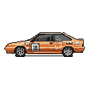 This pixel art image showcases a vibrant orange, late 80s/early 90s Fox Body Ford Mustang hatchback, complete with racing decals and a bold aesthetic. The nostalgic rendering captures the car's sporty design in a classic, retro style against a black background.