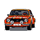 This pixel art image showcases a vibrant orange-red vintage rally car in a head-on view, complete with rally lights and racing stripes. The detailed sedan, set against a stark black background, exudes a nostalgic and energetic vibe, celebrating classic automotive culture.