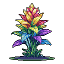 This pixel art image showcases a vibrant, fantastical plant bursting with color and life. Its flame-like bloom and rainbow foliage create a striking and otherworldly display.