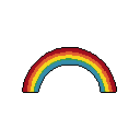 This pixel art image features a vibrant, minimalist rainbow arcing against a stark black background. The simple, cheerful design evokes a nostalgic 8-bit aesthetic.