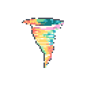 This pixel art showcases a vibrant, stylized tornado rendered in a pastel-infused palette of blues, yellows, oranges, pinks, and teals. The colorful depiction creates a whimsical and surprisingly non-threatening take on the powerful natural phenomenon.