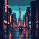 A pixelated vehicle drives towards the viewer on a rain-slicked city street, reflecting the neon glow of towering buildings. In the background, the iconic Tokyo Tower silhouette rises against a starry sky, completing this nostalgic and evocative urban scene.