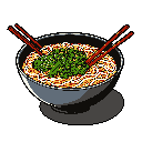 This pixel art image features a delicious bowl of ramen with vibrant toppings, complete with chopsticks poised for a bite. The minimalist style and bold colors create a focused and nostalgic feel.
