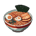 A pixel art bowl of ramen, brimming with wavy noodles, savory pork belly slices, and vibrant eggs, is presented in delicious detail. The warm color palette and careful pixel placement create an inviting and comforting image of this classic dish.