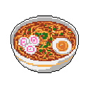 This pixel art depicts a comforting, top-down view of a delicious bowl of ramen, complete with *narutomaki*, a half-boiled egg, and vibrant green scallions. The warm, earthy color palette evokes a sense of simple, familiar enjoyment.