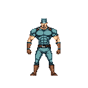 A muscular, fair-skinned character in a teal-blue uniform stands at attention, exuding strength and discipline. The pixel art figure, reminiscent of a soldier or superhero, is set against a stark black background, emphasizing his focused presence.