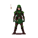 A pixelated ranger or warrior stands ready in green and brown armor, eyes peering out from under a pointed helmet. The figure exudes an air of preparedness and strength, with a subtle hint of action suggested by a projectile nearby.