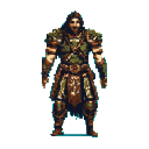 A pixel art warrior or ranger stands ready, clad in detailed, layered armor and a hooded headpiece against a striking cyan backdrop. His imposing posture and earthy color scheme evoke a sense of rugged medieval fantasy, suggesting he's prepared for adventure.