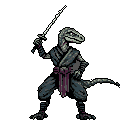A pixelated raptor ninja stands poised for action, katana raised, ready to strike. The dark color scheme and determined expression capture a blend of primal ferocity and disciplined skill.