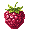 A pixelated, ripe strawberry pops against a stark black backdrop, showcasing its textured surface and vibrant red hues. The simple yet detailed retro style captures the fruit's essence with a touch of nostalgic charm.
