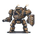 A heavily armored combat mech, possibly piloted, stands ready with a cannon and shield emblazoned with a skull and crossbones. The gritty, detailed pixel art evokes a sense of industrial strength and impending conflict.