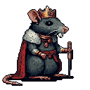 Behold the Rat King! This pixel art portrait features a regal rat adorned in a golden crown, crimson cape, and golden armbands, exuding an unexpected air of nobility as he rests a paw upon his sword. The image evokes a sense of whimsical power and ancient royalty.