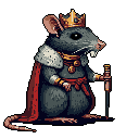 A regal, pixelated rat reigns supreme, adorned in golden finery and a crimson cape, holding a scepter against a stark background. This tiny monarch exudes an air of whimsical dignity and fantastical royalty.