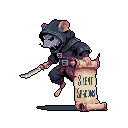 A hooded, rogue-like mouse clutches a dagger and a scroll reading "SILENT SPRING," exuding an air of stealth and intrigue. The pixel art style and somber color palette evoke a sense of mystery and readiness.