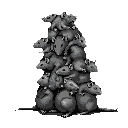 A precarious pyramid of pixelated rats dominates this stark image, their grey bodies forming a restless, unsettling tower. The monochromatic palette and sheer number of rodents create a morbidly fascinating spectacle.