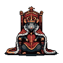 A regal, anthropomorphic mouse sits confidently on an ornate throne, adorned in royal attire and a golden crown. The pixel art style adds a touch of retro charm to this humorous depiction of unexpected royalty.