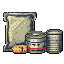 This pixel art showcases a stash of survival rations, including a pouch, cans, and a block of cheese, rendered in muted, earthy tones. The detailed, low-resolution style evokes a sense of scarcity and preparedness, reminiscent of a loot drop from a post-apocalyptic game.