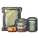 Pixel art depicts a collection of survival rations, including a pouch of dried food, cheese block, and two cans, rendered in muted, earthy tones. The image evokes a sense of preparedness and nostalgia for classic video game inventory items.