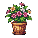 This pixel art piece showcases a vibrant potted plant bursting with colorful blossoms and lush leaves. The detailed weaving of the pot and the variety of flower hues create a charming, nostalgic scene.