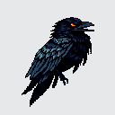 This pixel art features a striking raven with a piercing orange eye, its dark plumage meticulously detailed with iridescent highlights. The lone bird, caught mid-caw, exudes an air of mystery and intelligence.