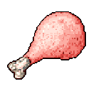 A pixelated chicken drumstick, rendered in muted pinks and grays, is presented against a stark black backdrop. Evoking a retro video game aesthetic, the image feels like a classic inventory item or potential power-up.