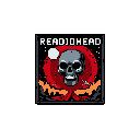 A pixelated skull dominates the image, set against a blood-red sun and fiery orange wings, creating an ominous and artistic vibe. The dark, intense color scheme and starry background evoke a sense of the macabre, further amplified by the "RADIOHEAD" text above.