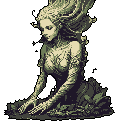 A serene, possibly melancholic, mermaid-like figure emerges from a mass of foliage in this pixel art piece. The desaturated green palette and contemplative pose evoke a sense of ancient wisdom and ethereal beauty.
