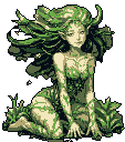 A serene pixel art image depicts a nature spirit or dryad, emerging from foliage with a gentle smile and an enchanting, organic design. Her leaf-like hair and vine-adorned skin showcase a deep connection to the natural world.