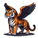 A majestic pixel art winged tiger commands attention against a stark black backdrop. The fantastical creature, rendered in vibrant oranges and greys, exudes power and a hint of mythical mystery.