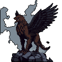 A powerful pixel art gryphon perches on a rock, wings spread and gaze intense, radiating an aura of mystery and dominance. The creature's fierce expression and poised stance are amplified by a dark, muted color palette.