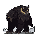 Behold a formidable pixel art beast: a two-headed owl-monster with piercing yellow eyes, standing powerfully on rough terrain. The creature's dark plumage and imposing stance create an intimidating and fantastical presence.