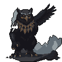 A powerful pixel art image features a large, anthropomorphic owl with piercing eyes and a leaf necklace, poised with an outstretched wing in a display of strength. The creature's intense gaze and dynamic pose create an intimidating and mystical vibe.